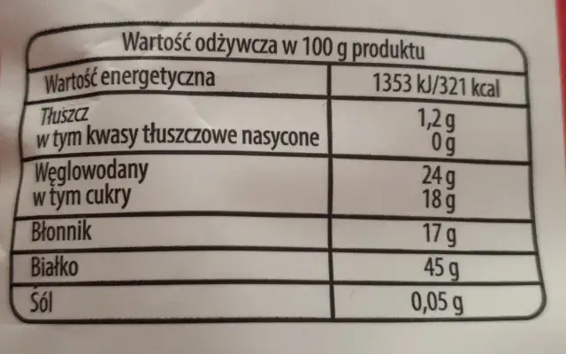 Tabela wartości odżywczych dla produktu: energia, tłuszcz, węglowodany, błonnik, białko, sól.