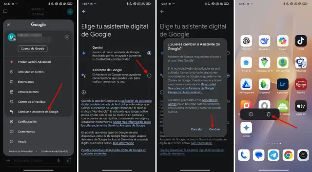L'image montre comment désactiver l'assistant Google. On voit les options pour choisir entre Gemini et l'Assistant Google, puis une confirmation pour changer.