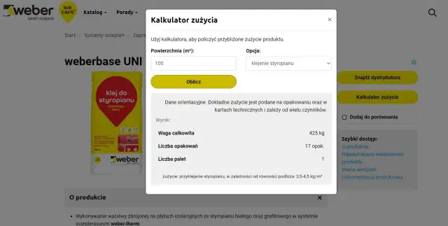 Kalkulator zużycia kleju do styropianu Weber. Oblicza ile wiader tynku na 200m2, podając wagę i liczbę opakowań.