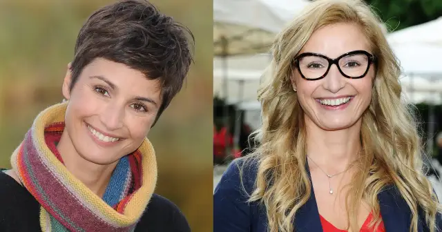 Dwie kobiety z uśmiechem. Jedna z krótkimi, ciemnymi włosami i kolorowym szalikiem, druga z długimi, blond włosami i okularami. Obie prezentują odmładzające fryzury.