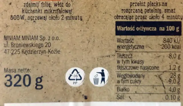 Fragment opakowania z informacją o masie netto 320 g i wartościach odżywczych.