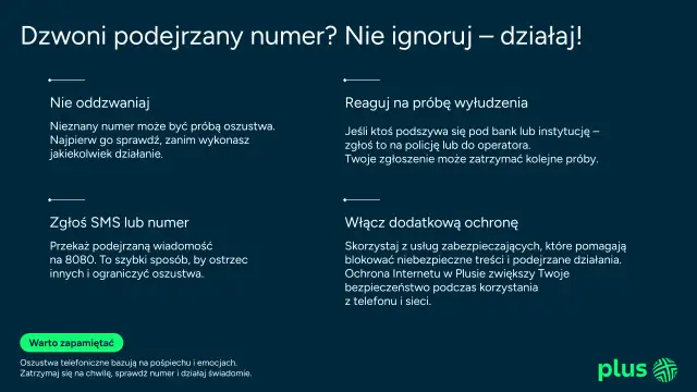 Nie ignoruj podejrzanych numerów! Przykłady spoofingu: nie oddzwaniaj, zgłoś SMS na 8080, reaguj na wyłudzenia. Włącz ochronę.