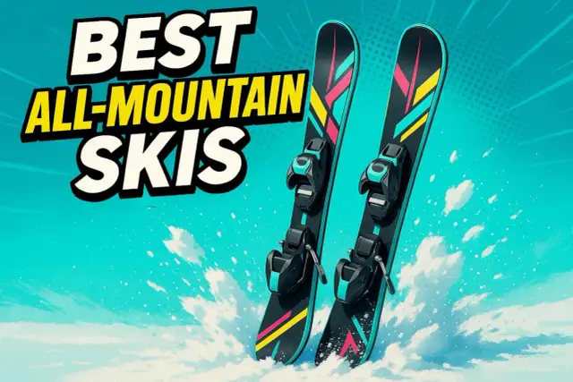 Dwie pary nart all mountain z kolorowymi akcentami, gotowe na zjazd po ośnieżonych stokach.