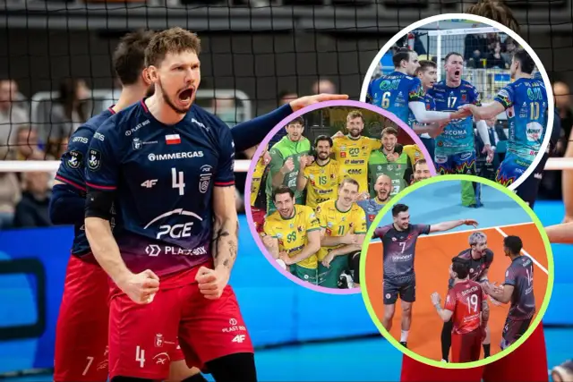 Siatkarze świętują awans do **final four**. Widać emocje na twarzach zawodników, radość i dumę z osiągnięcia celu.