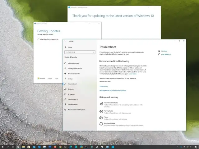 Jak zaktualizować Windows 10? Widok ekranu z asystentem aktualizacji i narzędziem do rozwiązywania problemów.