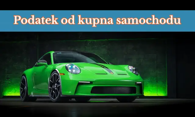Zielony sportowy samochód z napisem "Podatek od kupna samochodu".