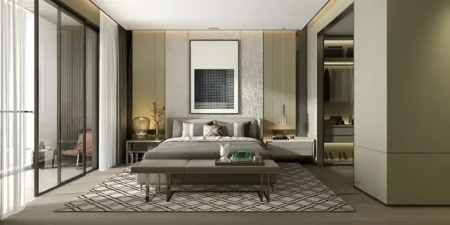 Nowoczesna sypialnia z otwartą garderobą i dużym oknem. Inspiracja, jak urządzić sypialnię w eleganckim stylu.