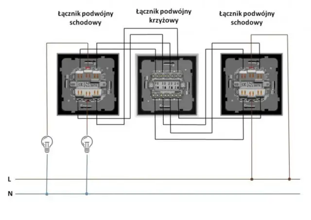 Schemat instalacji elektrycznej z trzema łącznikami: podwójnym schodowym, krzyżowym i ponownie schodowym. To jak meksykańskie ogłowie dla prądu.