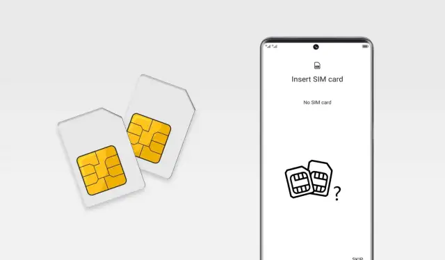Deux cartes SIM physiques à côté d'un écran de téléphone indiquant "No SIM card".