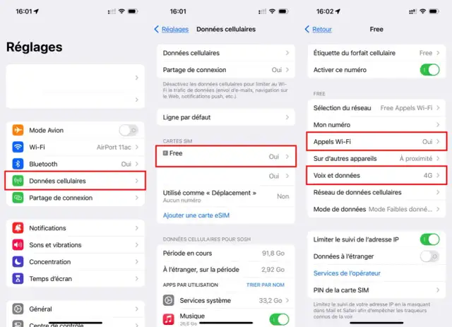 Paramètres du téléphone : activer VoLTE Free. L'image montre les réglages pour activer VoLTE sur un iPhone avec la carte SIM Free.