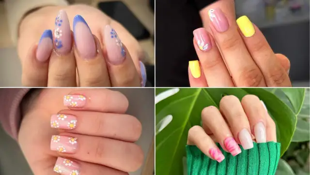 Kolekcja modnych paznokci na wiosnę: francuski manicure z kwiatami, żółte akcenty, stokrotki na różowym tle i neonowy wzór.