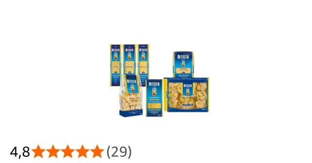 Verschiedene De Cecco Pasta-Sorten in Packungen und Beuteln.