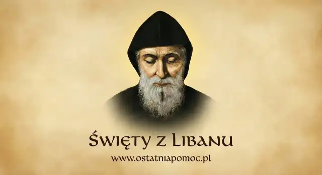 Obraz przedstawia portret Świętego Szarbela, patrona Libanu, w czarnym habicie. Pod portretem widnieje napis "Święty z Libanu" oraz adres strony internetowej.