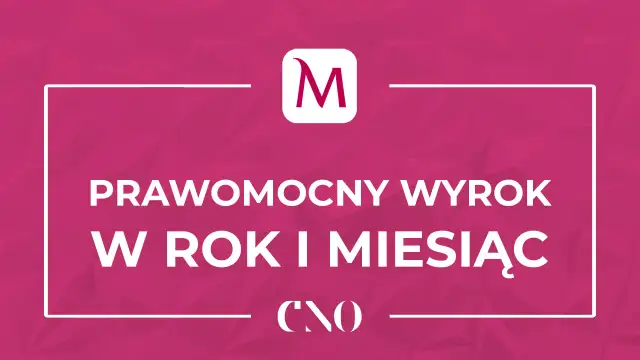 Grafika z napisem "Prawomocny wyrok w rok i miesiąc" i logo "M".