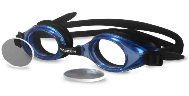 Niebieskie okulary pływackie z wymiennymi soczewkami korekcyjnymi.