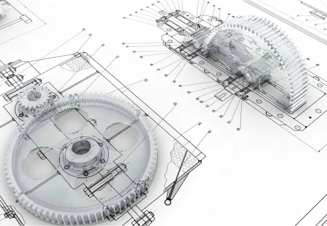 Przezroczyste koła zębate i mechanizmy na tle rysunków technicznych, ilustrujące innowacyjne wzory użytkowe.