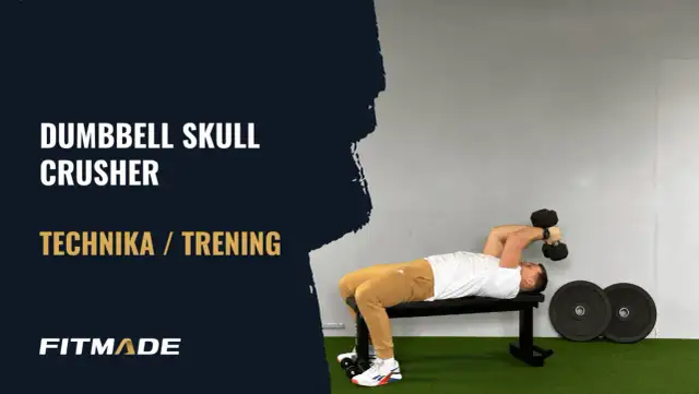 Mężczyzna wykonuje ćwiczenie skull crushers z hantlami leżąc na ławce.