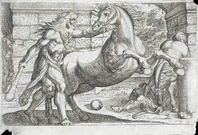 Herakles, jak oczyścił stajnie Augiasza, walczy z koniem. W tle widać ludzi i architekturę.