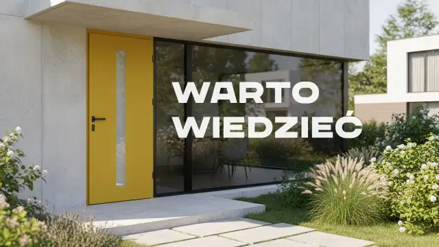 Żółte drzwi zewnętrzne z przeszkleniem, obok dużego okna. Warto wiedzieć, co oferuje nasz katalog drzwi.