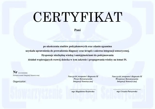 Certyfikat potwierdzający kwalifikacje do prowadzenia diagnozy i terapii z zakresu integracji sensorycznej. Dowiedz się, jak zostać terapeutą integracji sensorycznej.