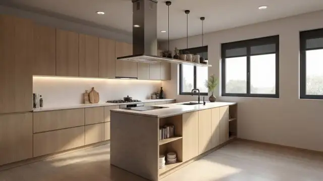 Cocina moderna con isla central, gabinetes de madera clara y encimeras de mármol. Perfecta para una reforma de cocina.
