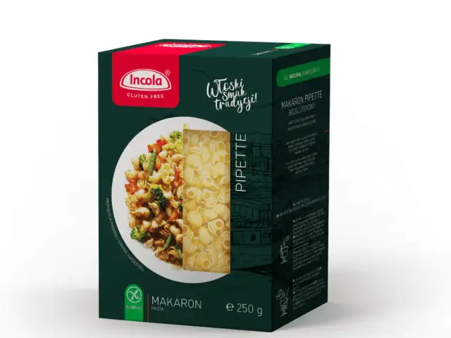 Pudełko makaronu Incola Pipette bez glutenu, z sugestią podania z warzywami. Idealny dla osób na diecie bezglutenowej.