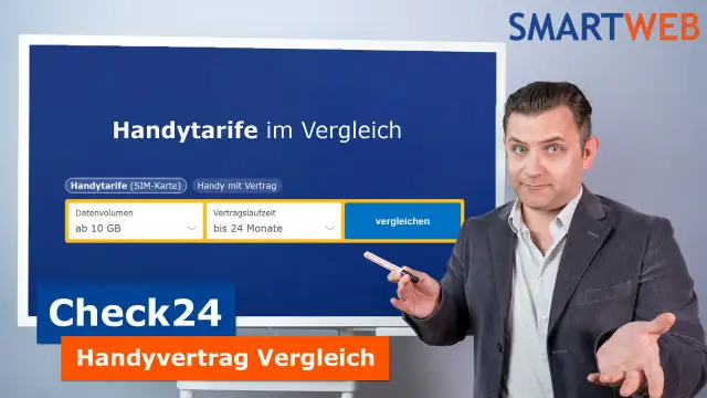 Mann mit Gesten vor Bildschirm mit Handyvergleich-Tool von Check24 und Smartweb-Logo.
