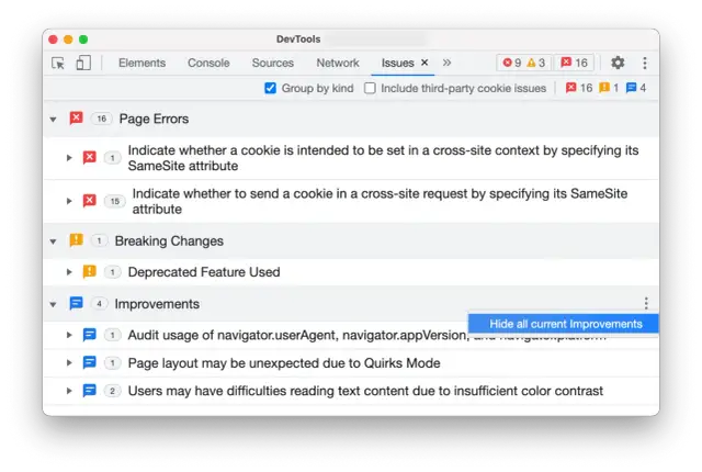 DevTools Issues: błędy ciasteczek, zmiany, ulepszenia. To okno pokazuje, co to są devtools i jak działają.