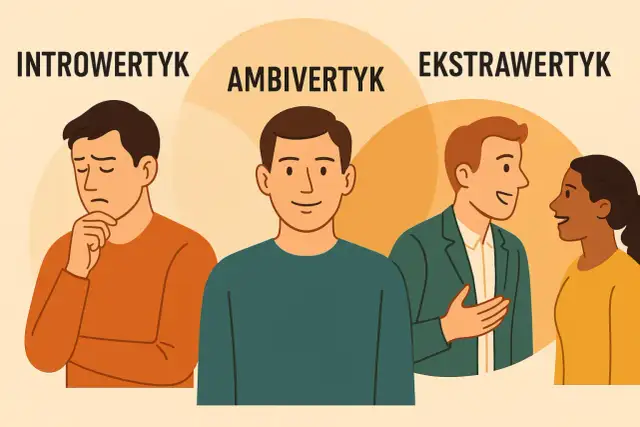 Ambiwertyk to osoba, która czerpie energię zarówno z samotności, jak i z interakcji. Na ilustracji widać go między introwertykiem a ekstrawertykiem.