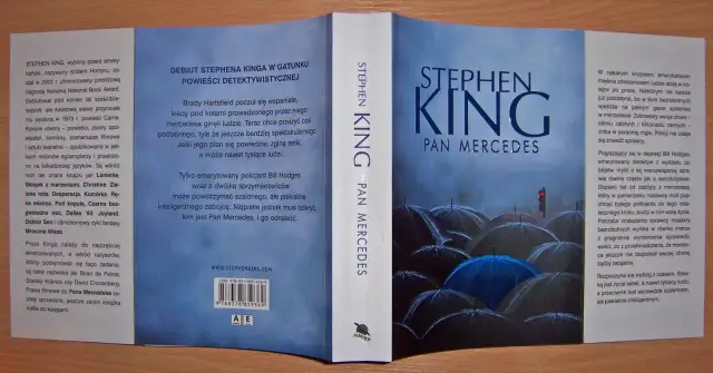 Okładka książki Stephen King Pan Mercedes. Mroczna ilustracja z parasolami i sygnalizacją świetlną.