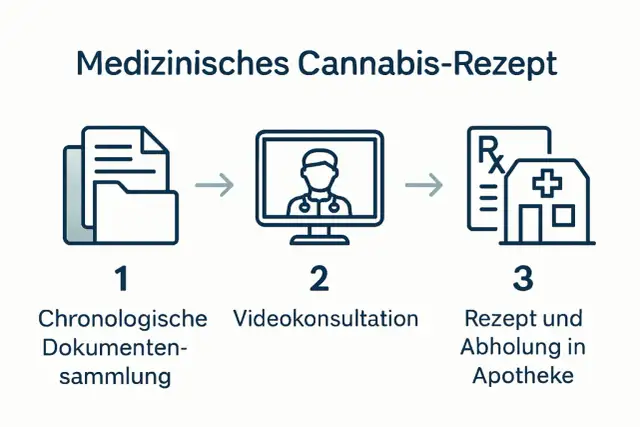 Schritt-für-Schritt-Anleitung für ein medizinisches Cannabis-Rezept: Dokumente, Videokonsultation, Rezept & Apotheke.