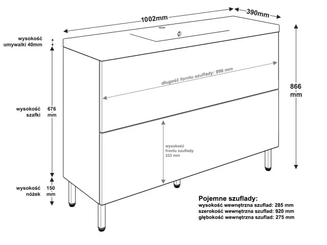 Wymiary szafki łazienkowej: wysokość szafki 676 mm, wysokość umywalki 40 mm, wysokość nóżek 150 mm.