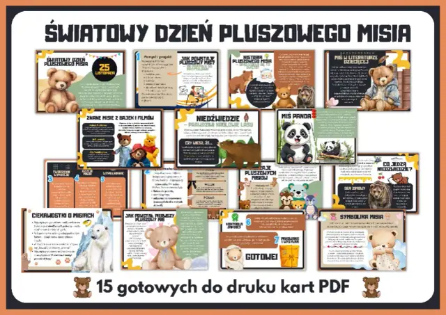 Kolaż grafik z pluszowymi misiami, niedźwiedziami i pandą, ilustrujący różne aspekty ich historii i tworzenia.