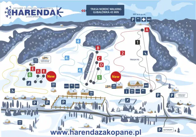 Mapa ośrodka narciarskiego Harendy w Zakopanem. Widoczne trasy narciarskie, wyciągi, punkty gastronomiczne, parkingi i wypożyczalnie sprzętu.