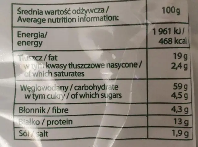 Tabela wartości odżywczych dla 100g produktu: energia, tłuszcz, węglowodany, błonnik, białko, sól.