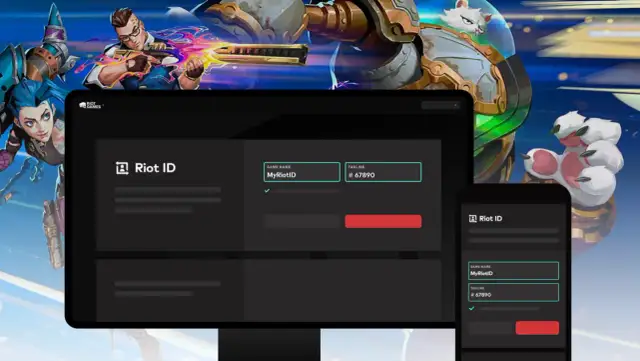 Postacie z gier Riot Games na tle ekranów z interfejsem Riot ID.