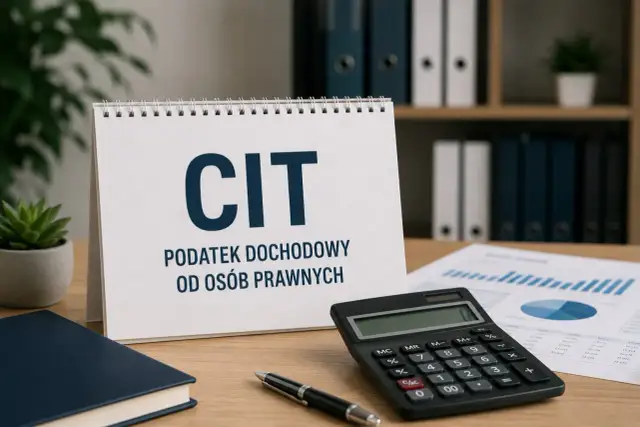 Biurko z kalendarzem "CIT PODATEK DOCHODOWY OD OSÓB PRAWNYCH", kalkulatorem, notatnikiem i wykresami. Idealne dla każdej spółki akcyjnej.