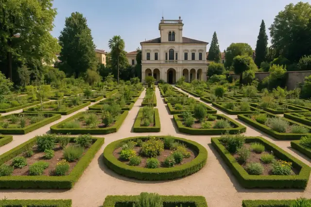 Geometryczny ogród botaniczny w Padwie z okazałym budynkiem w tle.