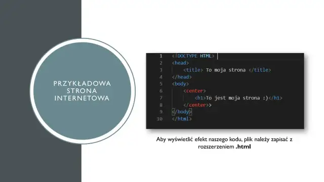 Fragment kodu HTML z prostą stroną internetową i tekstem "Przykładowa strona internetowa".
