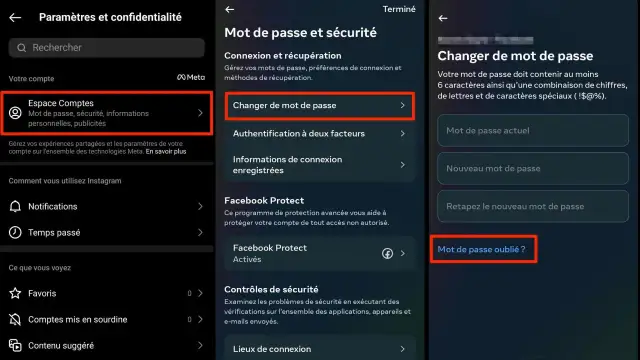 Paramètres pour changer de mot de passe et récupérer un compte. Aide pour comment supprimer un compte Insta.