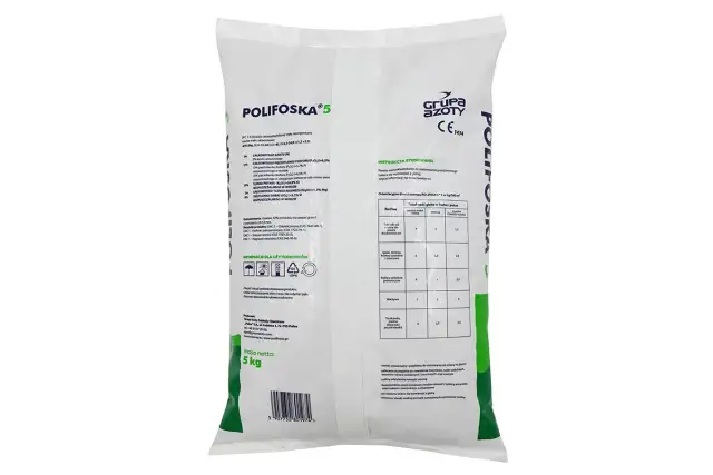 Opakowanie nawozu POLIFOSKA 5, zawierające informacje o jego składzie i sposobie stosowania. Worek o masie 5 kg.