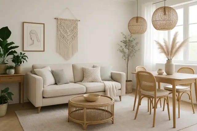 Un salón acogedor con sofá beige, mesa de centro de ratán y detalles de macramé, creando un ambiente de casa boho chic.
