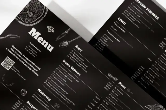Czarne, eleganckie menu restauracji z rysunkami pizzy i sztućców. Zawiera sekcje: Zupy, Dania Główne, Makaron, Pizza.