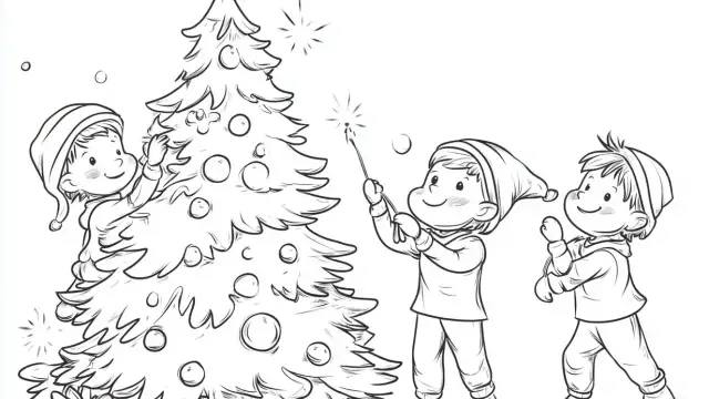 Drei Kinder schmücken einen Weihnachtsbaum mit Sternspritzern und Kugeln.