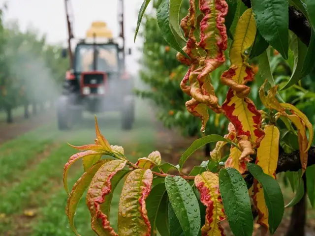 Oprysk na brzoskwinie w sadzie. Traktor w tle rozpyla środek, a na pierwszym planie widać chore, pofałdowane liście brzoskwini.