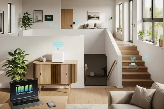 Un routeur moderne diffuse le signal wifi 2.4 ghz dans une maison lumineuse, assurant une connexion partout.