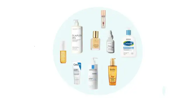 Collage verschiedener Kosmetikprodukte von Marken wie Olaplex, CeraVe, Cetaphil und The Ordinary.