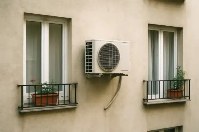 Klimatyzator zamontowany na ścianie, z oknami sąsiada po obu stronach. Odległość od okien sąsiada jest widoczna.