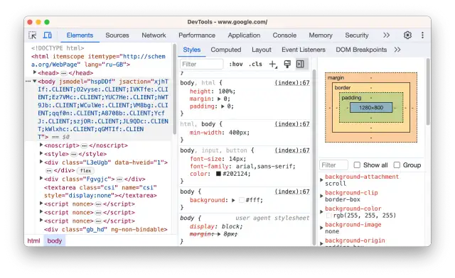 Narzędzia deweloperskie Chrome pokazują kod HTML i CSS strony, pomagając w debugowaniu.