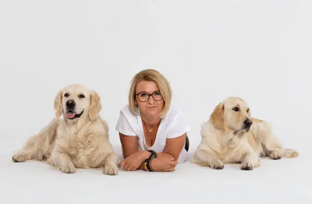 Kobieta w okularach leży między dwoma golden retrieverami na białym tle.